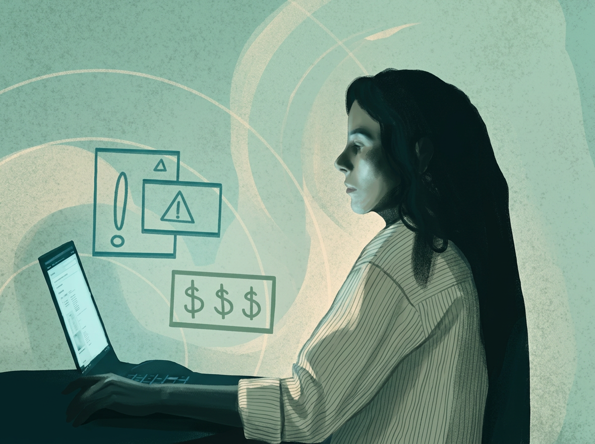 Person working at a laptop in a red-lit space with warning and dollar-sign icons, representing online health disinformation and its commercial drivers